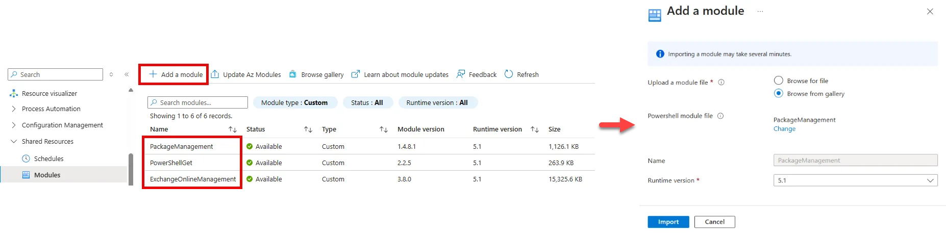Downloading modules in the Automation account