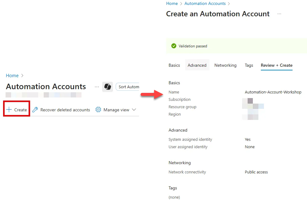 Creating an Automation account within Azure