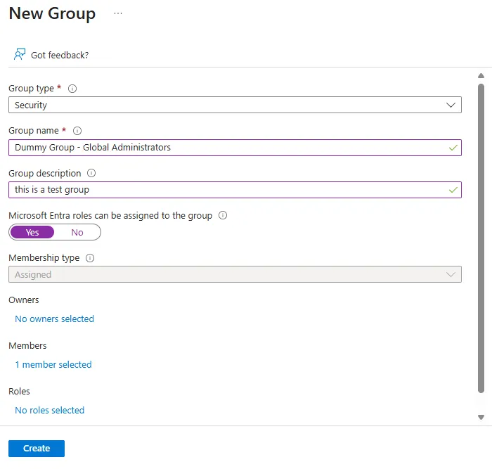 Creating a group in Entra ID