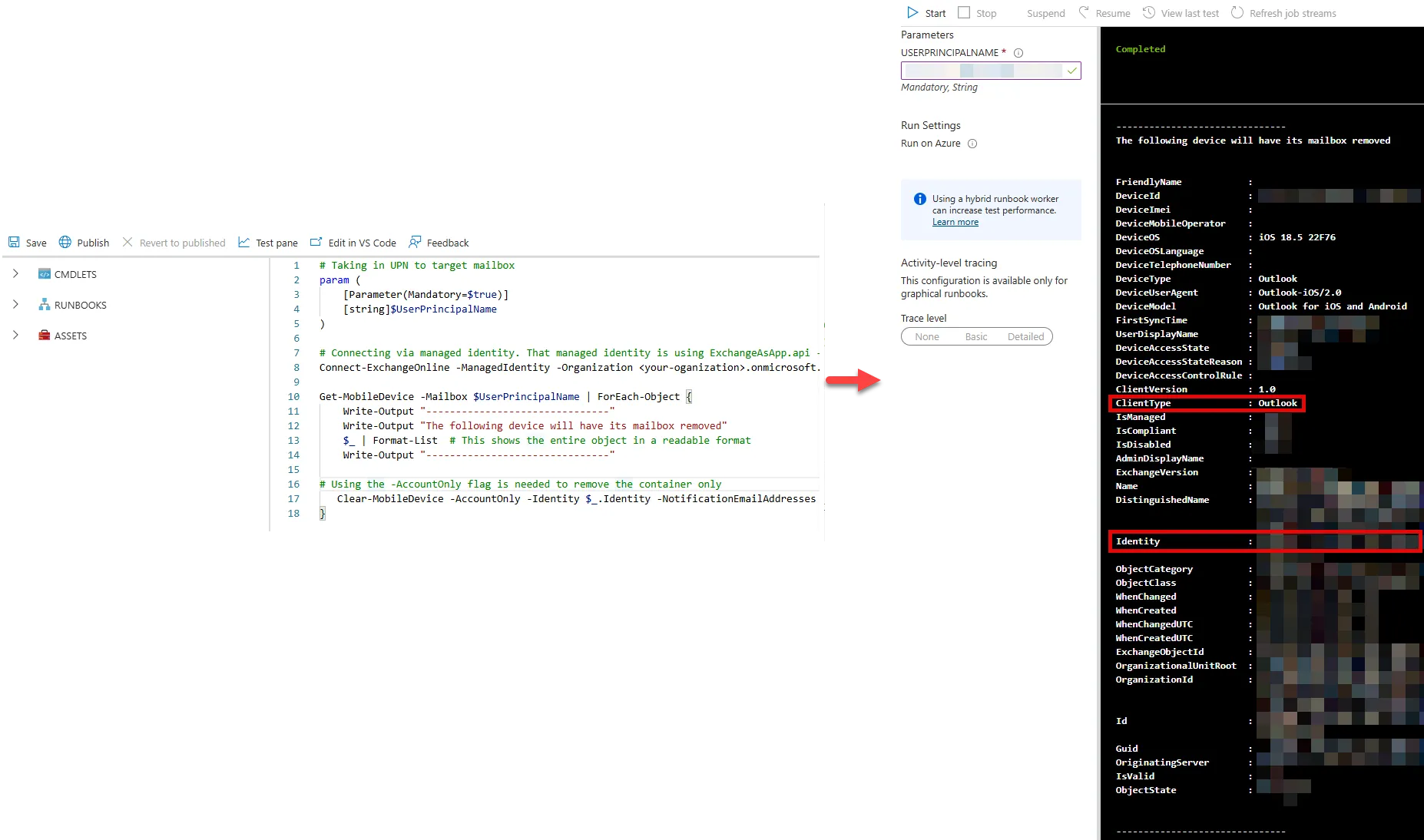 To the left is the PowerShell script within the portal and to the right is the execution of the runbook